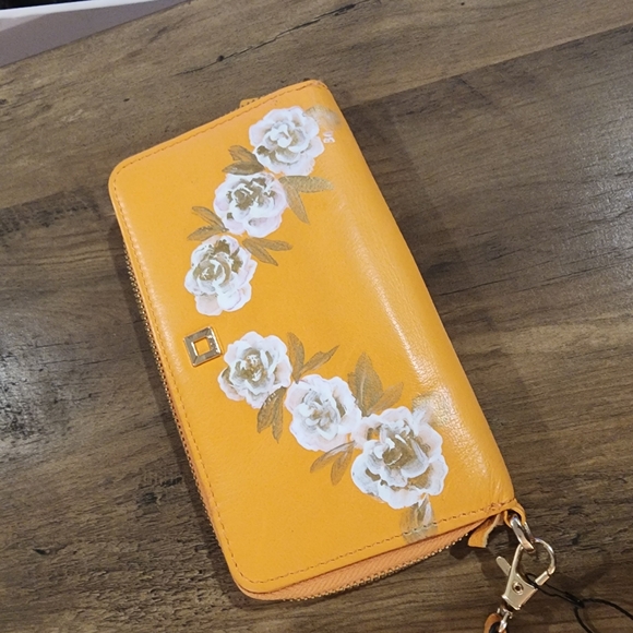 Louis Tangerine Leather Hand Painted Zip Around Wallet / Wristlet - Picture 6 of 7